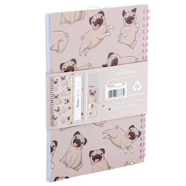 Set de papeterie - Petit chien carlin - Kawaï - Carnet + accessoires + trousse