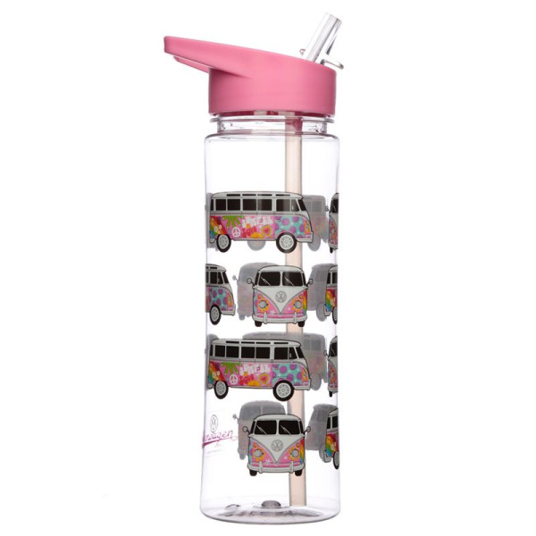 Gourde - Plastique - Avec paille - Sans BPA - 550ml - Rose - Combi VW - Hippie