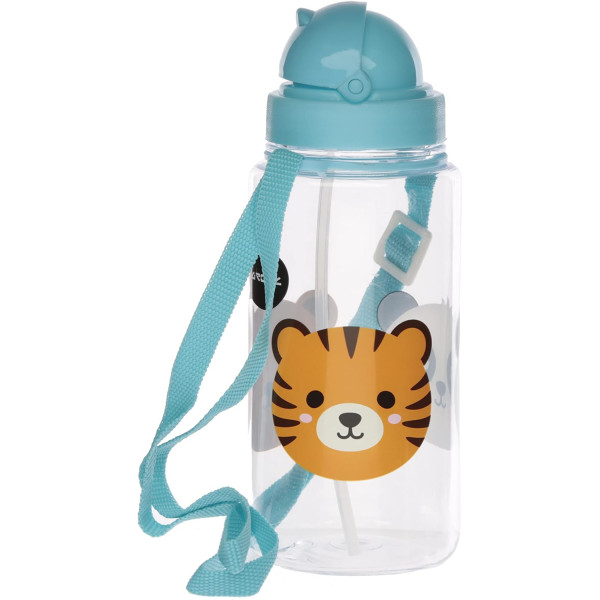 photo-Gourde - Enfant - Plastique - Avec anse et capuchon - Bleu - Animaux du zoo