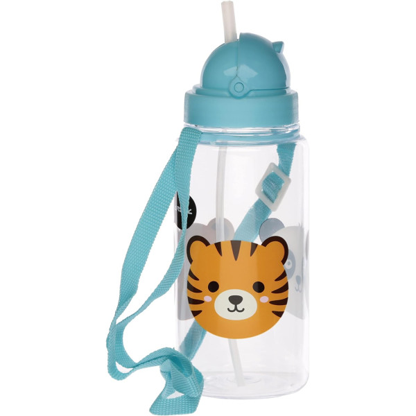 Gourde - Enfant - Plastique - Avec anse et capuchon - Bleu - Animaux du zoo