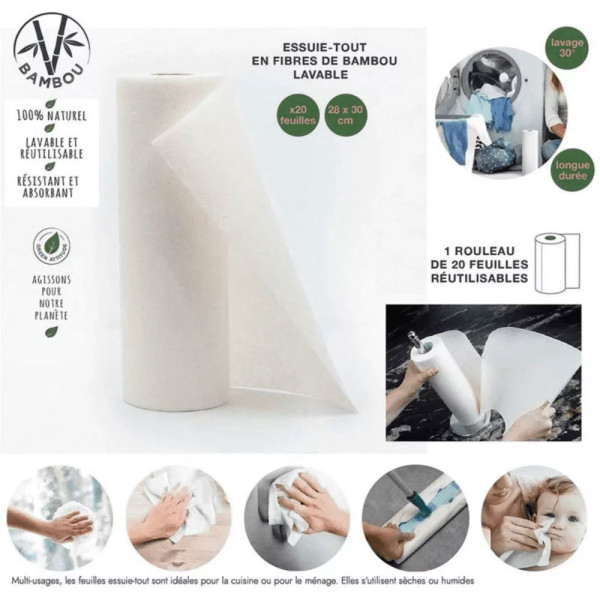 Rouleau essuie tout - Réutilisable - Lavable - Ecologique - 20 feuilles