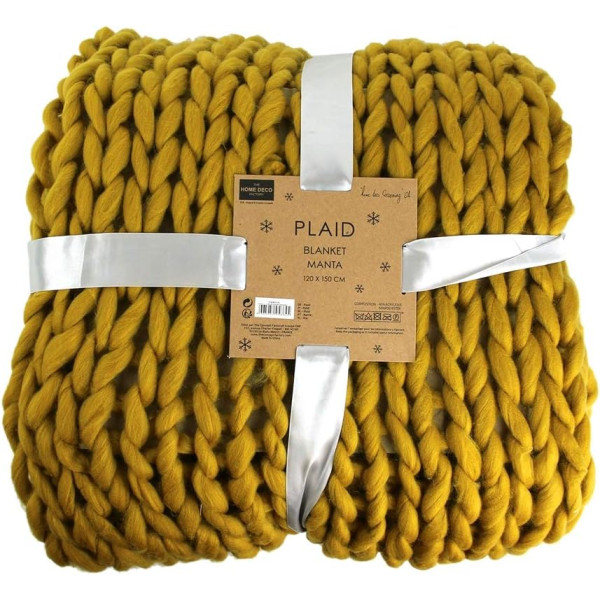 photo-Plaid - Couverture - Jaune - Grosse maille - Chaude - Cocooning - Cosy - 1,5x1,2m