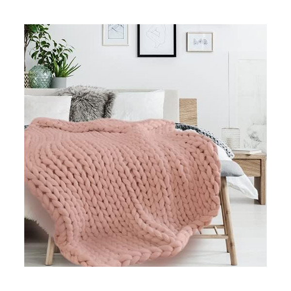 Plaid - Couverture - Rose - Grosse maille - Chaude - Cocooning - Cosy - 1,5x1,2m