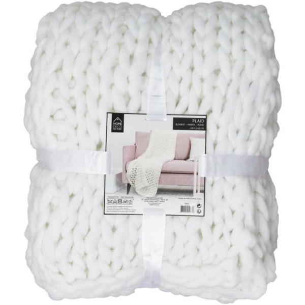 photo-Plaid - Couverture - Ecru - Grosse maille - Chaude - Cocooning - Cosy - 1,5x1,2m