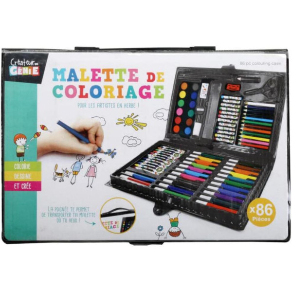 photo-Malette de coloriage - Crayons, feutres, peinture, craies, ciseaux - 86 pièces - Enfant