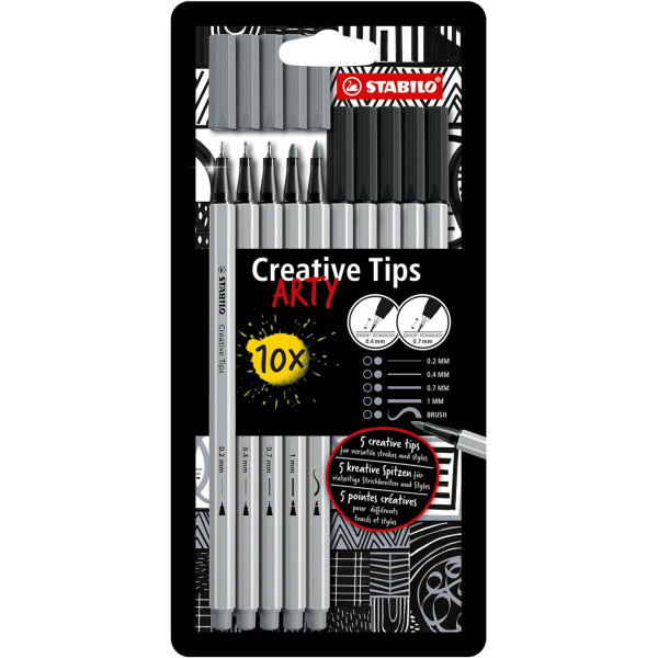 photo-10 feutres à dessin - Calligraphie - Gris et Noir - Plusieurs mines - STABILO Creative Tips