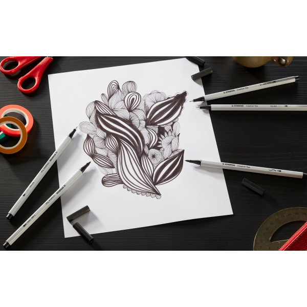 10 feutres à dessin - Calligraphie - Gris et Noir - Plusieurs mines - STABILO Creative Tips