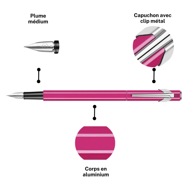 Stylo plume - Rose - Métal - Plume moyenne - Rechargeable - Caran d'Ache - 849