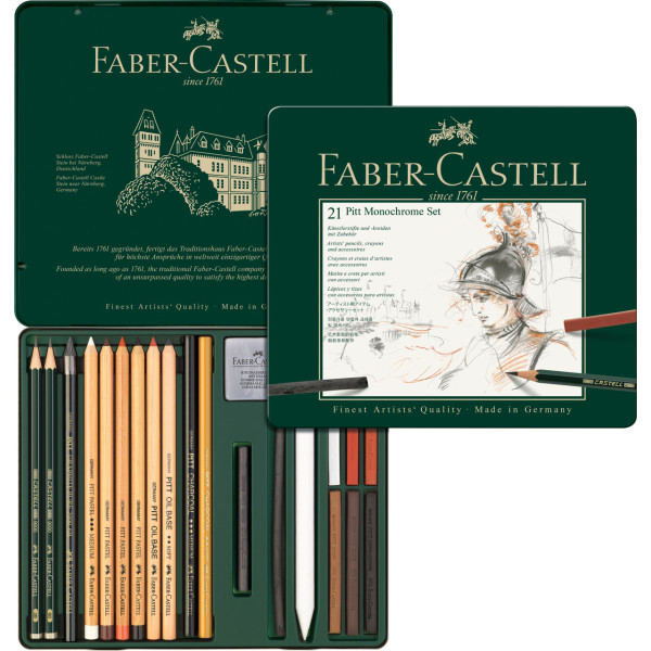 21 Crayons graphite- Pastels - Fusains - Dessin - Esquisse - Faber-Castell - Pitt Monochrome Set