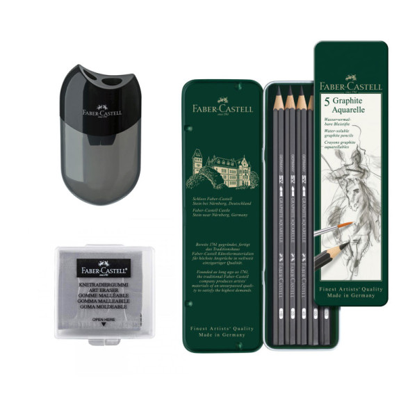 photo-Set 5 crayons graphite + gomme mie de pain + taille-crayons - Faber-Castell - Beaux-arts