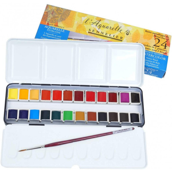 photo-Boîte En Métal De 24 1/2 Godets - Peinture Aquarelle Extra-Fine - Sennelier