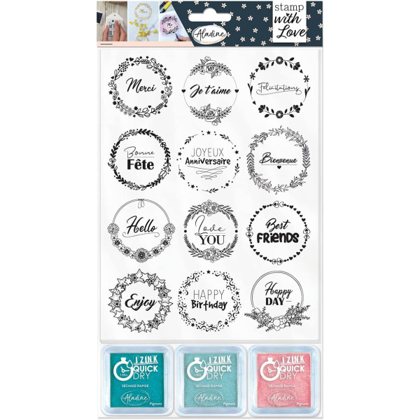 photo - Tampons - Loisirs créatifs - Scrapbooking - Couronnes expressions - 12 pièces + 3 encreurs - Aladine