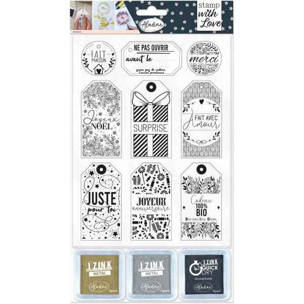 photo - Tampons - Loisirs créatifs - Scrapbooking - Etiquettes cadeaux - 9 pièces + 3 encreurs - Aladine