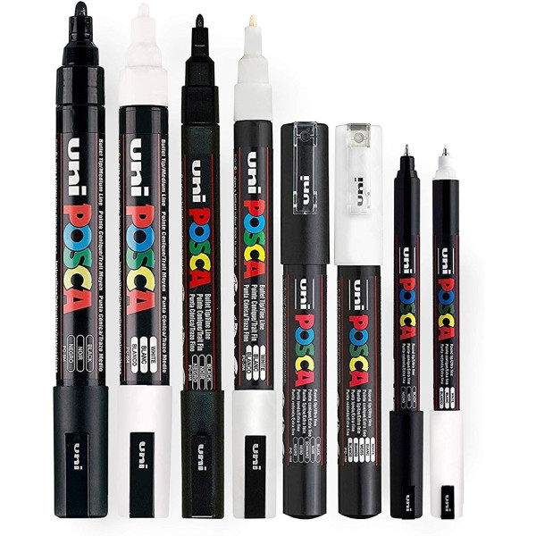 photo-Marqueur Posca | Noir et blanc | PC-5M PC3-M PC-1M PC-1MR | Lot de 8 marqueurs