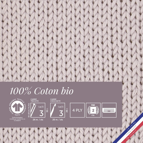 Pelote de laine - Lilas - 100% coton bio - 3mm - Tricot et crochet - Bergère de France