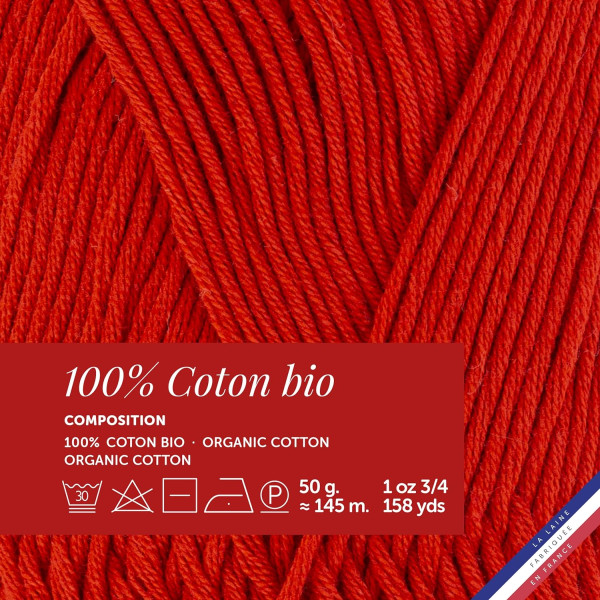 Pelote de laine - Vermeille - 100% coton bio - 3mm - Tricot et crochet - Bergère de France