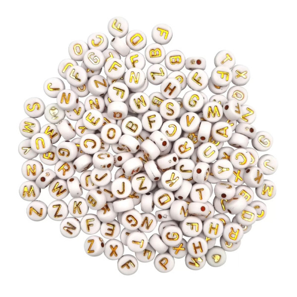 photo-Perles - Rondes - Lettres - Blanc et or - Pour bijoux, collier, bracelet