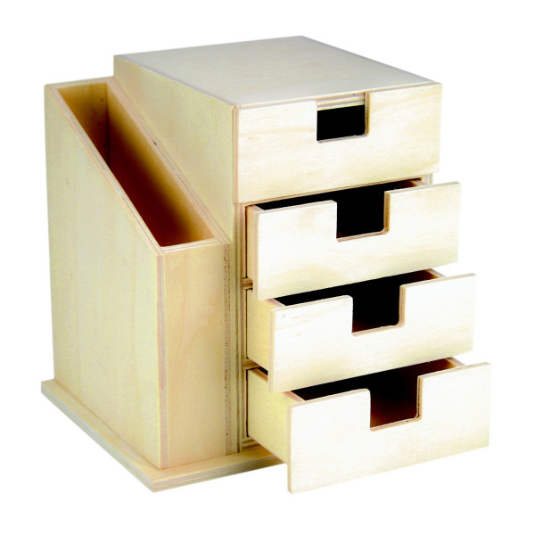 photo-Organiseur de bureau - 4 tiroirs + 1 pot crayon - Bois - A décorer - 15x15,5x12,5cm