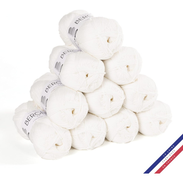 photo-10 pelotes de laine - Blanc - 100% coton bio - 3mm - Tricot et crochet - Bergère de France