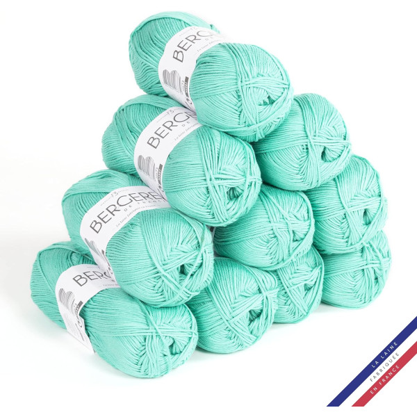 photo-10 pelotes de laine - Algue - 100% coton bio - 3mm - Tricot et crochet - Bergère de France