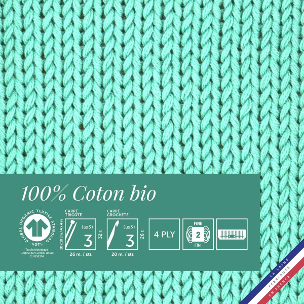 10 pelotes de laine - Algue - 100% coton bio - 3mm - Tricot et crochet - Bergère de France