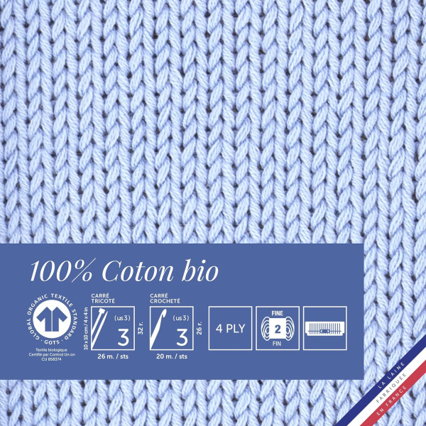 10 pelotes de laine - Ciel - 100% coton bio - 3mm - Tricot et crochet - Bergère de France