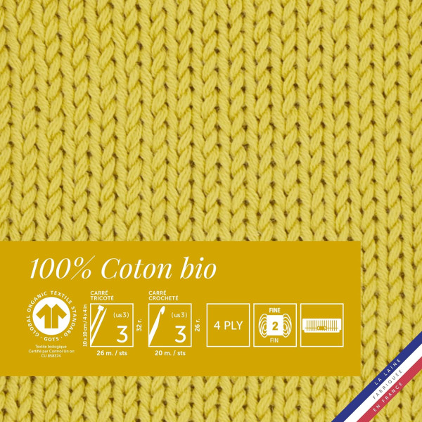 10 pelotes de laine - Safran - 100% coton bio - 3mm - Tricot et crochet - Bergère de France