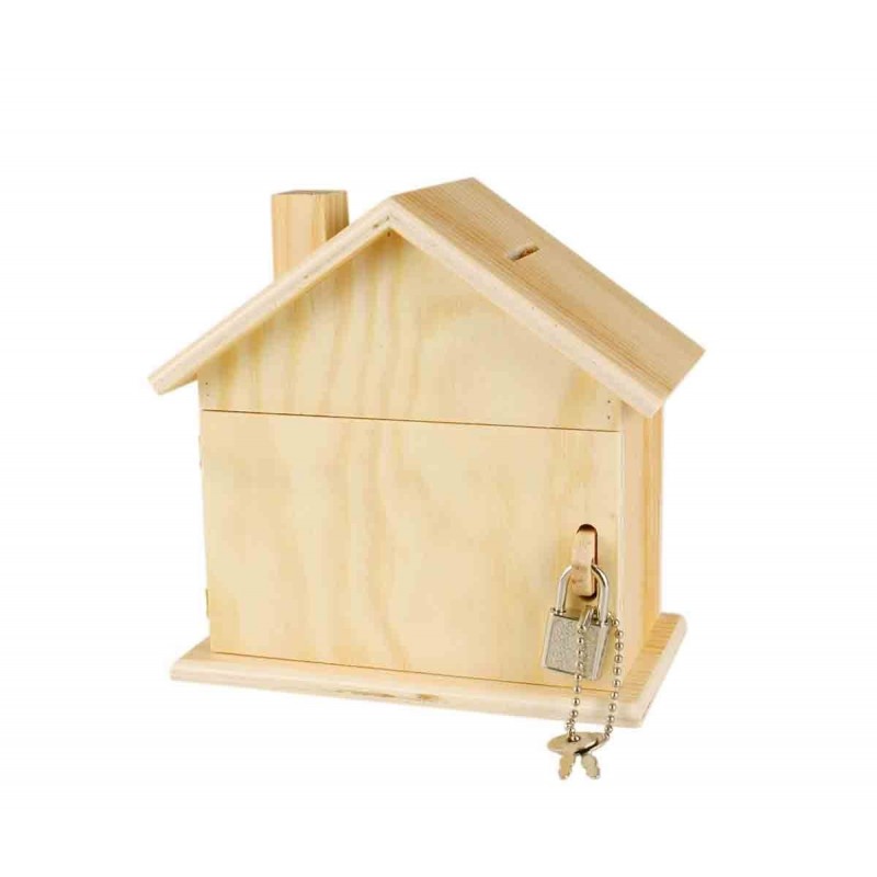photo-Tirelire - Forme de maison - Bois - A décorer - Avec cadenas et clés - 15x8x14,5