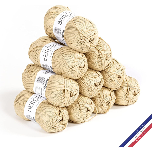 photo-10 pelotes de laine - Sable - 100% coton bio - 3mm - Tricot et crochet - Bergère de France