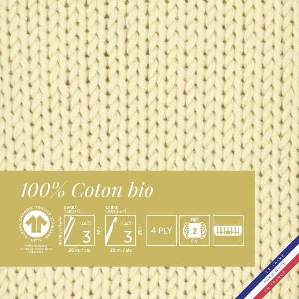10 pelotes de laine - Paille - 100% coton bio - 3mm - Tricot et crochet - Bergère de France