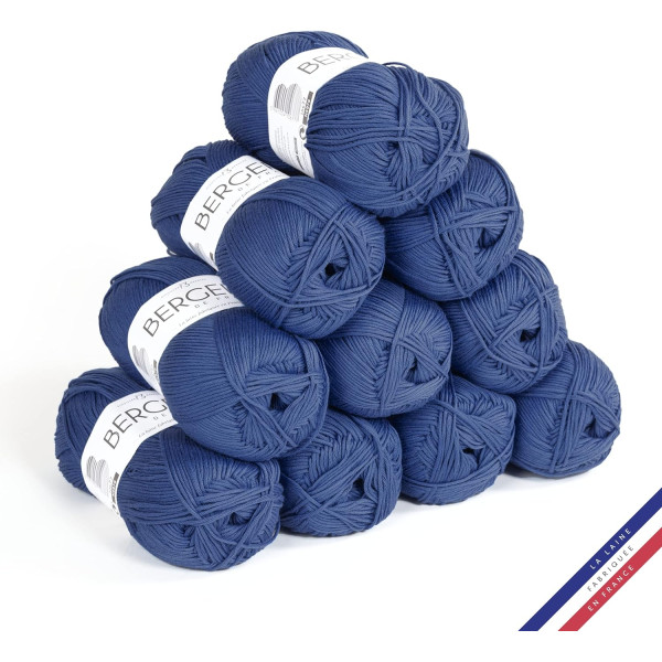 photo-10 pelotes de laine - Marin - 100% coton bio - 3mm - Tricot et crochet - Bergère de France