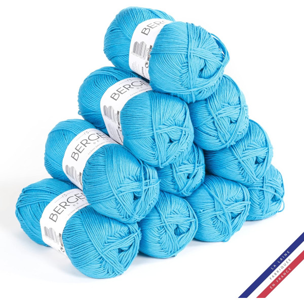 photo-10 pelotes de laine - Lagon - 100% coton bio - 3mm - Tricot et crochet - Bergère de France