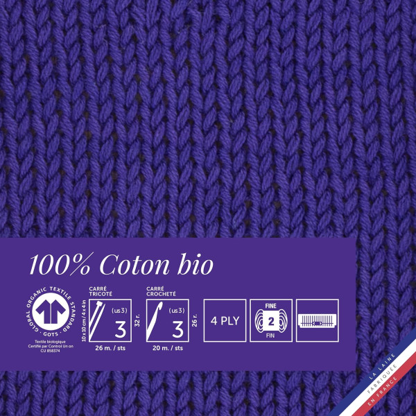 10 pelotes de laine - Glycine - 100% coton bio - 3mm - Tricot et crochet - Bergère de France
