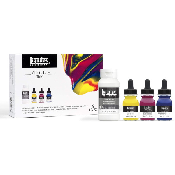 Coffret - Encre acrylique - Pouring - Liquitex Pro - 3 couleurs + médium lissage