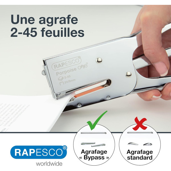 Agrafeuse + agrafes 24/8mm - 1 boite de 1000 agrafes - Mécanisme Bypass - Chrome - Rapesco