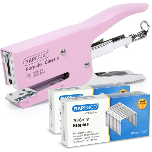 photo - Agrafeuse + agrafes 26/8mm - 2 boites de 5000 agrafes - Rose pastel - Rapesco