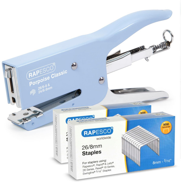 photo - Agrafeuse + agrafes 26/8mm - 2 boites de 5000 agrafes - Bleu clair - Rapesco