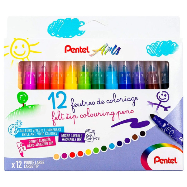 photo - 12 feutres de coloriage - Pour enfant - Pointe large - Lavable - Pentel Arts