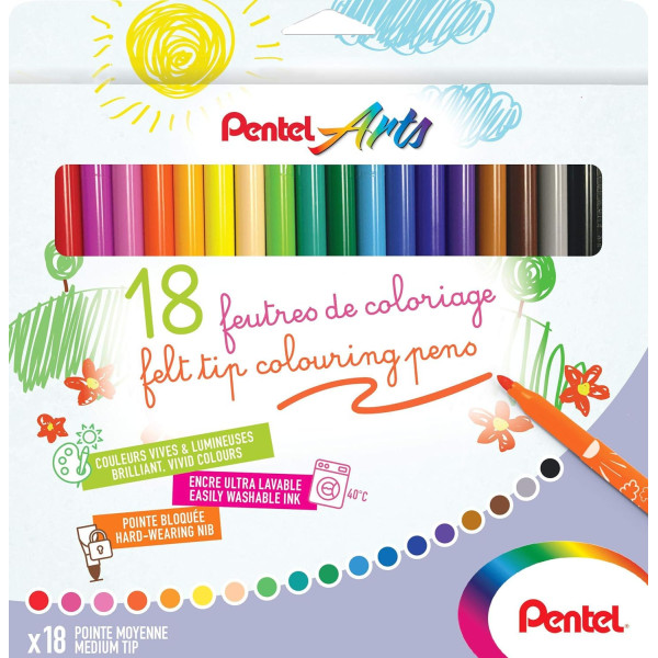 photo - 18 feutres de coloriage - Pour enfant - Pointe moyenne - Lavable - Pentel Arts