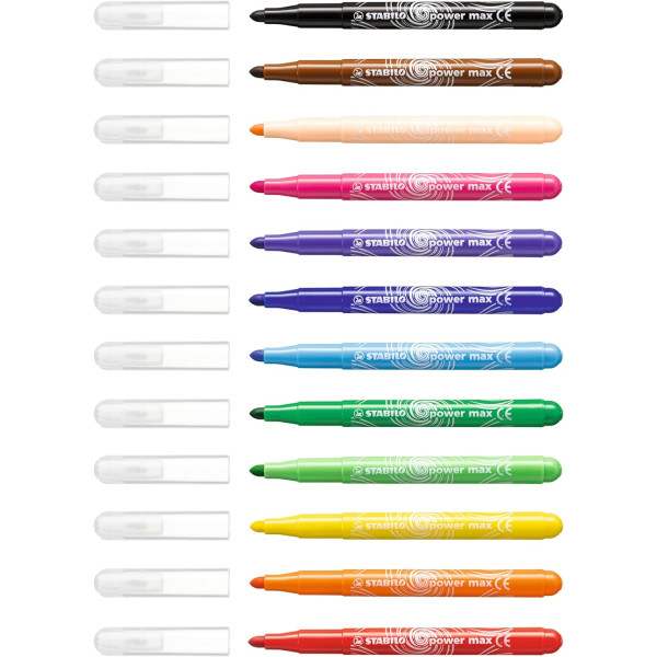 24 Feutres de coloriage - STABILO PowerMax - Pointe large - 12 couleurs - Pot métal
