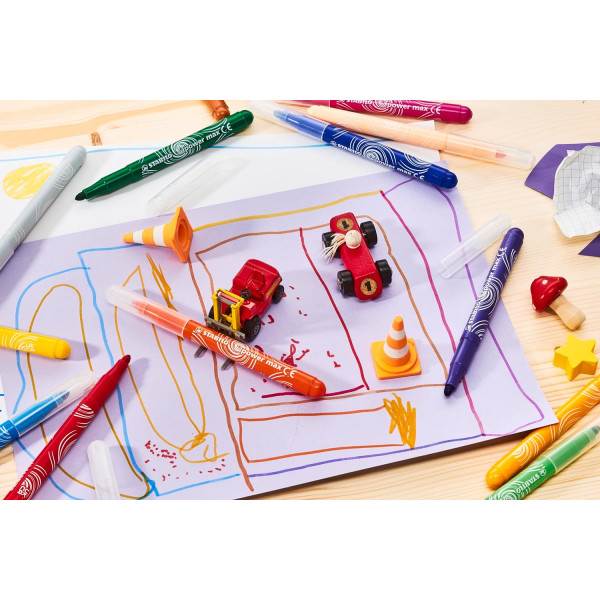 24 Feutres de coloriage - STABILO PowerMax - Pointe large - 12 couleurs - Pot métal