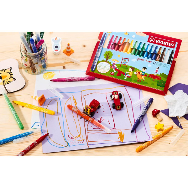 24 Feutres de coloriage - STABILO PowerMax - Pointe large - 12 couleurs - Pot métal