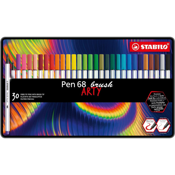 photo-Feutres de coloriage - STABILO Pen 68 Brush - Arty - Boite métal de 30 couleurs