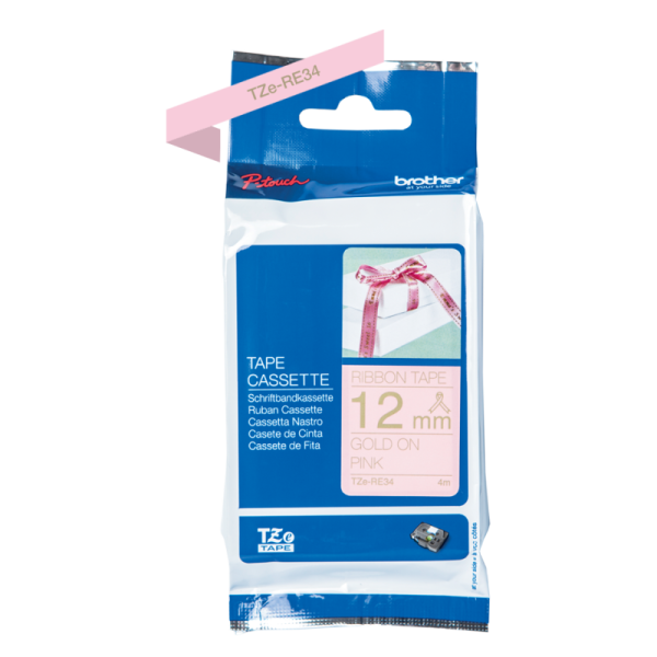 photo-Cartouche pour étiqueteuse - Brother - TZe-RE34 - Tissu fond rose pâle écriture or - 12mm