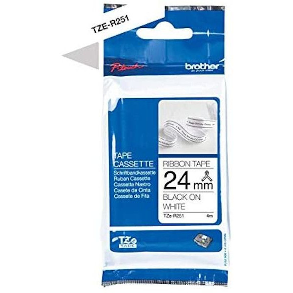 photo-Cartouche pour étiqueteuse - Brother - TZe-R251 - Tissu fond blanc écriture noir - 24mm