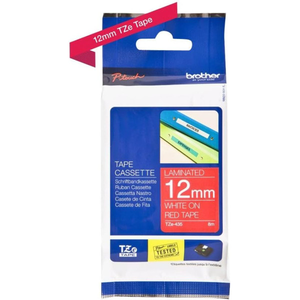 photo-Cartouche pour étiqueteuse - Brother - TZe-435 - Laminé - Fond rouge écriture blanc - 12mm