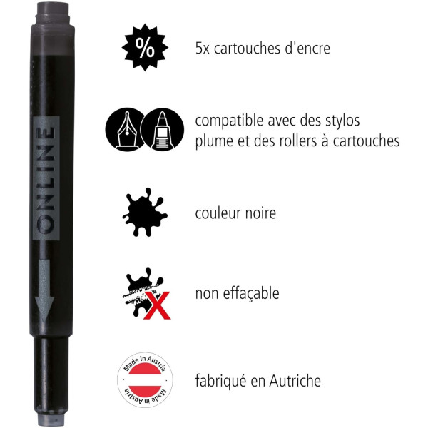 Cartouches d'encre - Noir - Encre non effaçable - Pour stylo plume et roller - 5 grandes cartouches