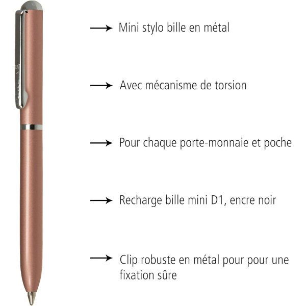 Mini stylo à bille - Or rose - Rechargeable - Encre noire - Rétractable - Online