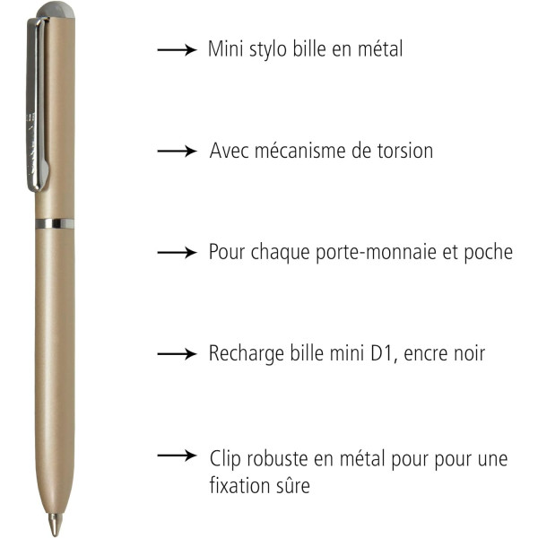Mini stylo à bille - Champagne - Rechargeable - Encre noire - Rétractable - Online