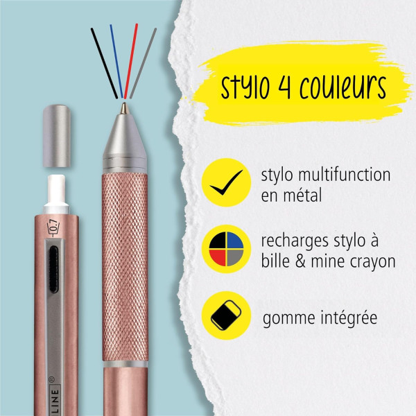 Stylo à bille - 4 en 1 - 3 couleurs + mine graphite - Embout gomme - Or rose - Online